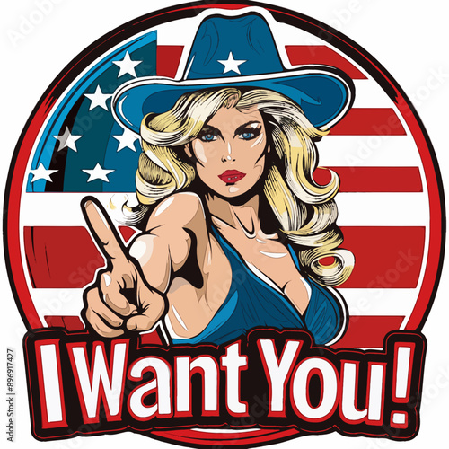 A modern patriotic logo featuring a beautiful blonde woman in an Uncle Sam outfit, pointing and saying "I want you," with an American flag background.
