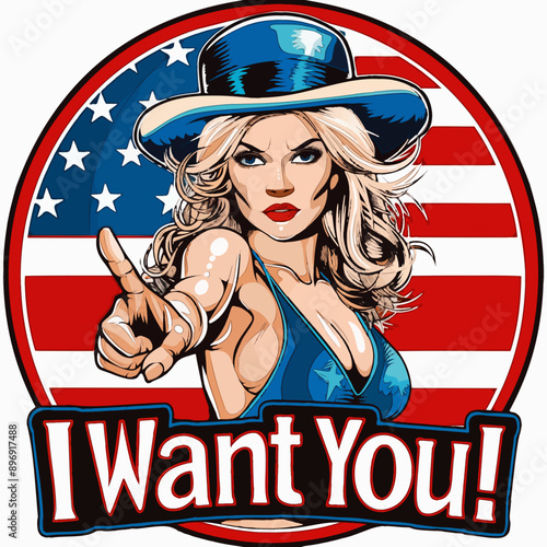A modern patriotic logo featuring a beautiful blonde woman in an Uncle Sam outfit, pointing and saying "I want you," with an American flag background.