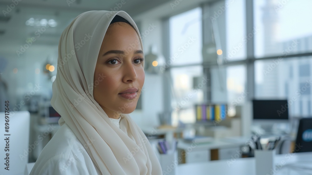 Professional mid-aged Muslim hijab woman, clean white office, sitting on office desk, seeing screens, side view, ultra-wide angle shot. Professional mid-aged Muslim hijab woman, clean white office, sitting on office desk, seeing screens, side view, ultra-wide angle shot.