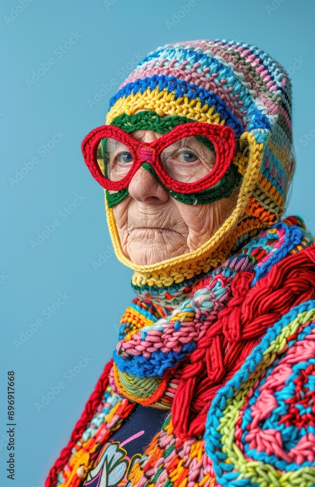 Elderly woman in colorful knitted attire Elderly woman in colorful knitted attire