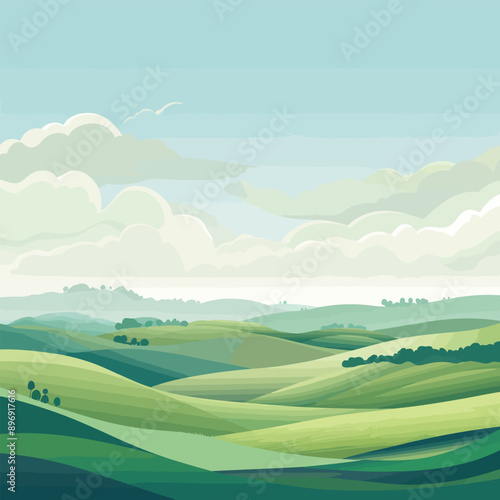 Green Hills Landscape Watercolor Vector Illustration.