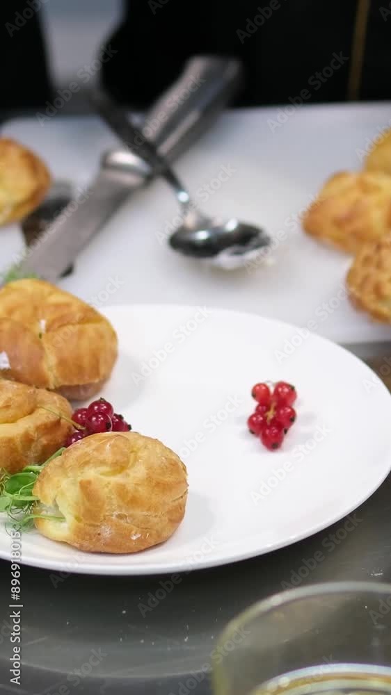recipe step by step stuff profiteroles with cheese cream with microgreens. Profiteroles with shrimp, cream cheese and cucumber on a plate. Close-up on blue background, copy space recipe step by step stuff profiteroles with cheese cream with microgreens. Profiteroles with shrimp, cream cheese and cucumber on a plate. Close-up on blue background, copy space