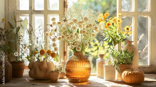 Balmy sillage with an unrefined essence, captured in a handmade container, surrounded by organic botanicals and warm sunlight photo