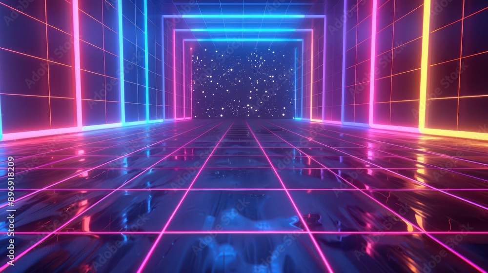 Futuristic Neon Corridor with Starry Background Futuristic Neon Corridor with Starry Background