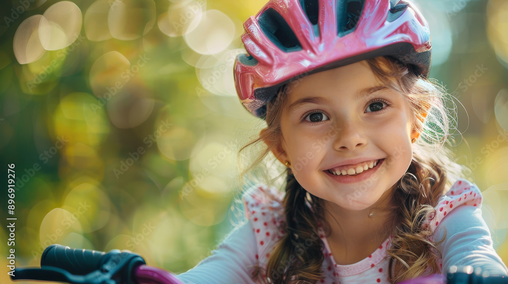 A cheerful girl in a pink helmet enjoys riding her bicycle outdoors, surrounded by a beautiful, blurred background. A cheerful girl in a pink helmet enjoys riding her bicycle outdoors, surrounded by a beautiful, blurred background.