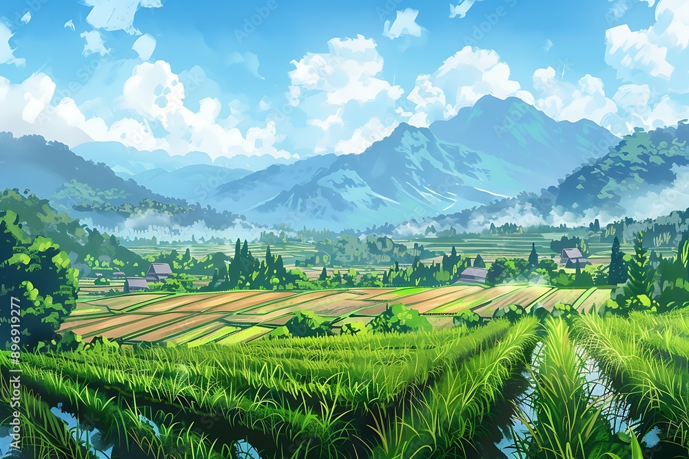 Rural Landscape with Green Fields and Mountains in the Background Rural Landscape with Green Fields and Mountains in the Background