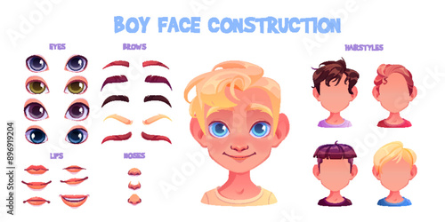 Boy avatar construction kit with different eyes and noses, lips and eyebrows, haircuts and color of hair. Cartoon vector set of kid face diy generator elements. Child character portrait constructor.