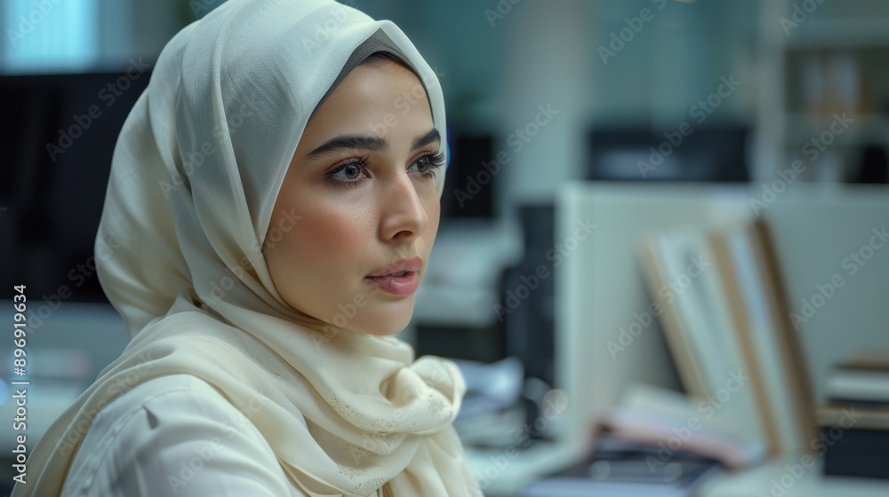 Professional Muslim hijab woman, tidy white office, seated at desk, observing screens, side view, ultra-wide angle shot. Professional Muslim hijab woman, tidy white office, seated at desk, observing screens, side view, ultra-wide angle shot.