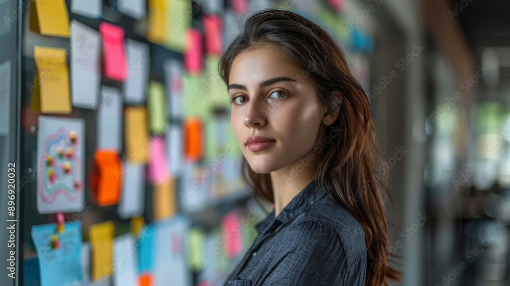 A young woman gazes thoughtfully at a colorful board filled with sticky notes, symbolizing creativity and productivity. A young woman gazes thoughtfully at a colorful board filled with sticky notes, symbolizing creativity and productivity.