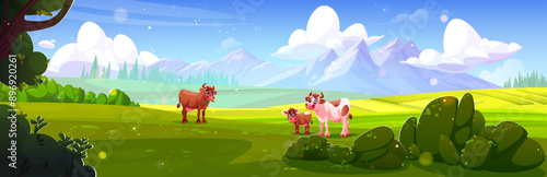 Farm summer landscape with cow pasture, trees and bushes, mountains on horizon and blue sunny sky with clouds. Cartoon vector green grassland with domestic animals. Cattle on field with grass.
