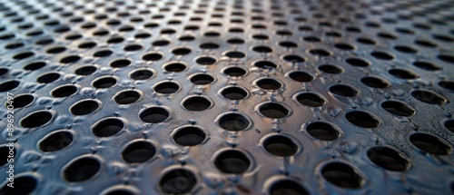 Close-up of a perforated metallic surface with round holes, showcasing texture and industrial design elements, perfect for backgrounds or patterns.