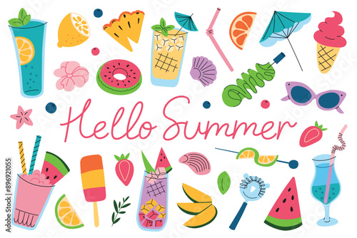 Vector illustration set of fruits, ice cream, summer drinks and lemonades, with hello summer lettering. Refreshing, tropical theme in flat cartoon style. Collection of icons for summer parties