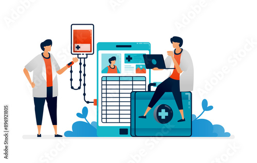 Medical illustration of doctor checks the patient's health history with a health application. Can be used as homepage banner ads for healthcare facilities, posters, brochures