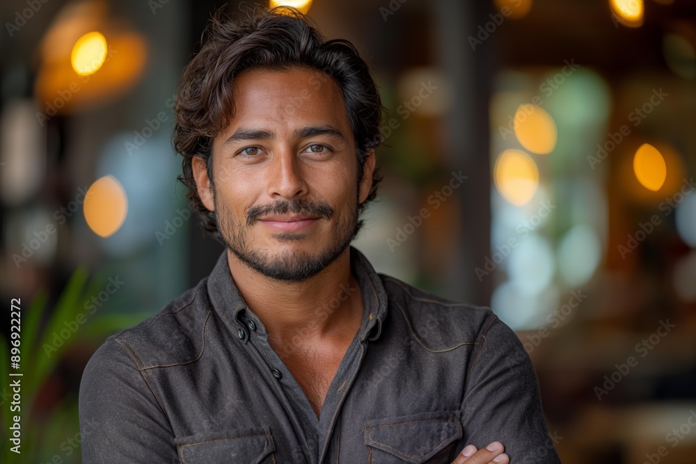 Fototapeta premium Top-notch applicant: Hispanic male in professional attire on a blurred office setting.