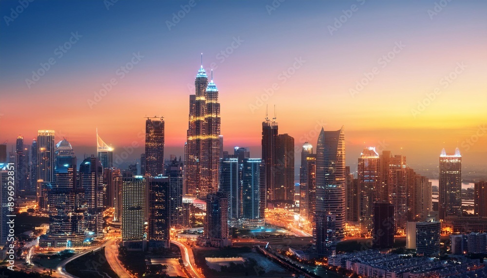 Obraz premium Dusk Over the Majestic City Skyline: A Stunning Visual Symphony of Lights and Architecture city, night, skyline, cityscape, downtown, urban, building