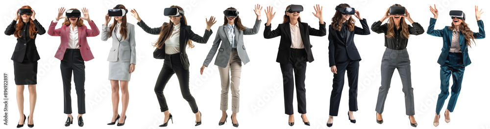 Pack of Happy businesswoman using VR headset set against transparent background Pack of Happy businesswoman using VR headset set against transparent background