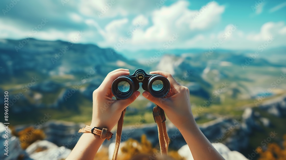 Female hands holding binoculars in a green field Female hands holding binoculars in a green field