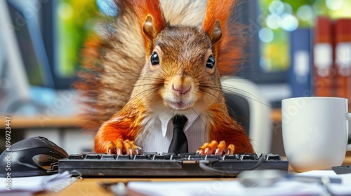 Cute squirrel in a business suit typing on a keyboard in an office setting, blending nature with the corporate world. photo