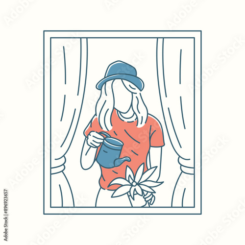 Girl Watering Flowers Behind the Curtains at Home