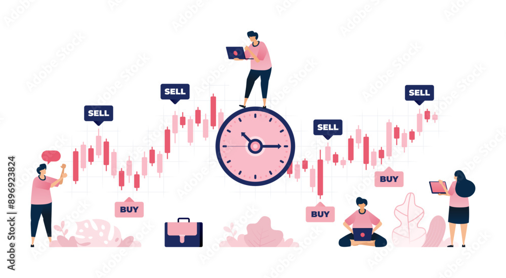 Illustration of people predicting the best time to buy of sell in stock market with time management. Can be used for brochures, mobile startups, ads, flyers Illustration of people predicting the best time to buy of sell in stock market with time management. Can be used for brochures, mobile startups, ads, flyers