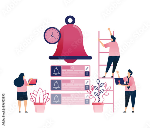 Illustration of a ringing bell with a list of scheduled agenda items for efficient time management. Can be used for banking and financial sector, ads, promotion