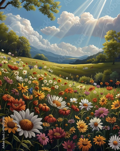 Sweetsmelling scent wafting through a sunny meadow, with colorful wildflowers and soft rays of sunshine, evoking a sense of bliss photo