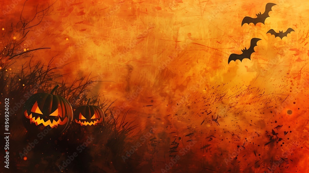 Glowing Jack-o'-Lanterns with Bats Against an Orange Background