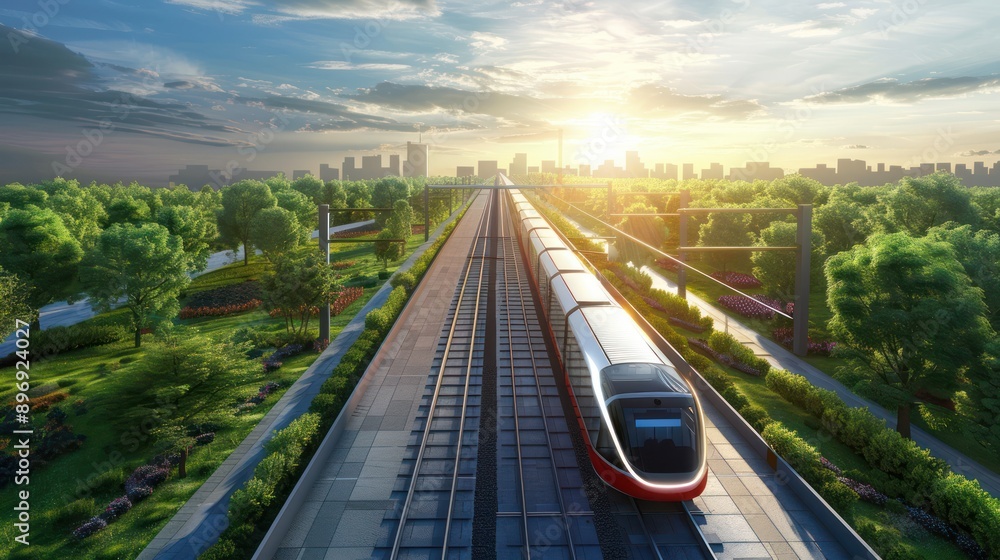 Fototapeta premium Modern Train on Elevated Tracks at Sunset