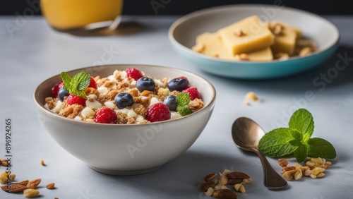 Vibrant yogurt parfait with granola berries and mint served with a bowl of nuts and honey. Healthy breakfast option. photo