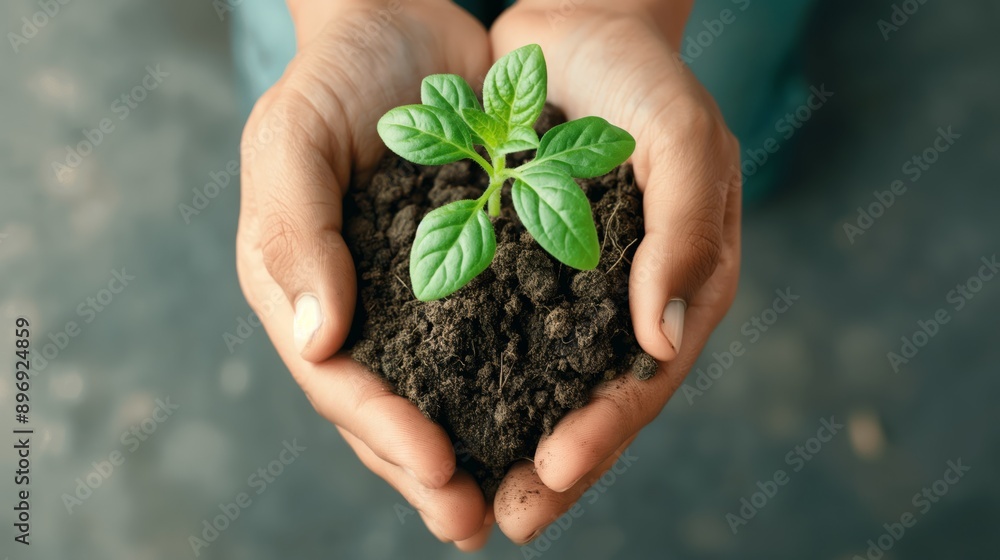 Hands Holding Young Green Plant in Soil, Growth, Care, and Environmental Protection Hands Holding Young Green Plant in Soil, Growth, Care, and Environmental Protection