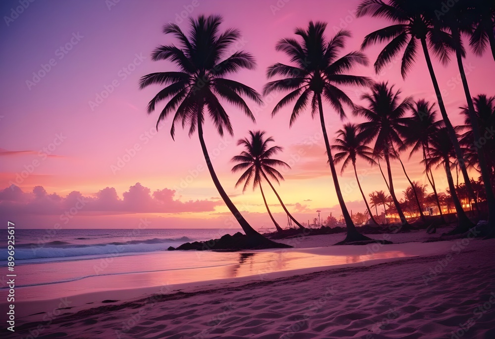 Fototapeta premium A purple-pink sunset on a beach with palm trees and an ocean view