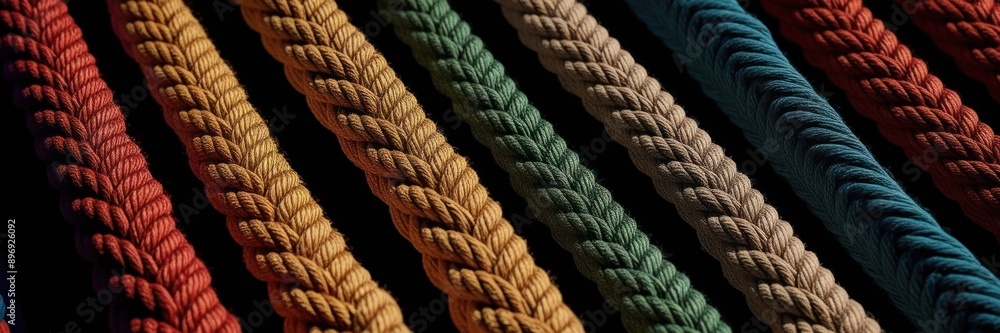 Vibrant, colorful woven ropes intertwined on a black background. Represents connection, unity, and strength. Perfect for concepts of teamwork and diversity. Vibrant, colorful woven ropes intertwined on a black background. Represents connection, unity, and strength. Perfect for concepts of teamwork and diversity.