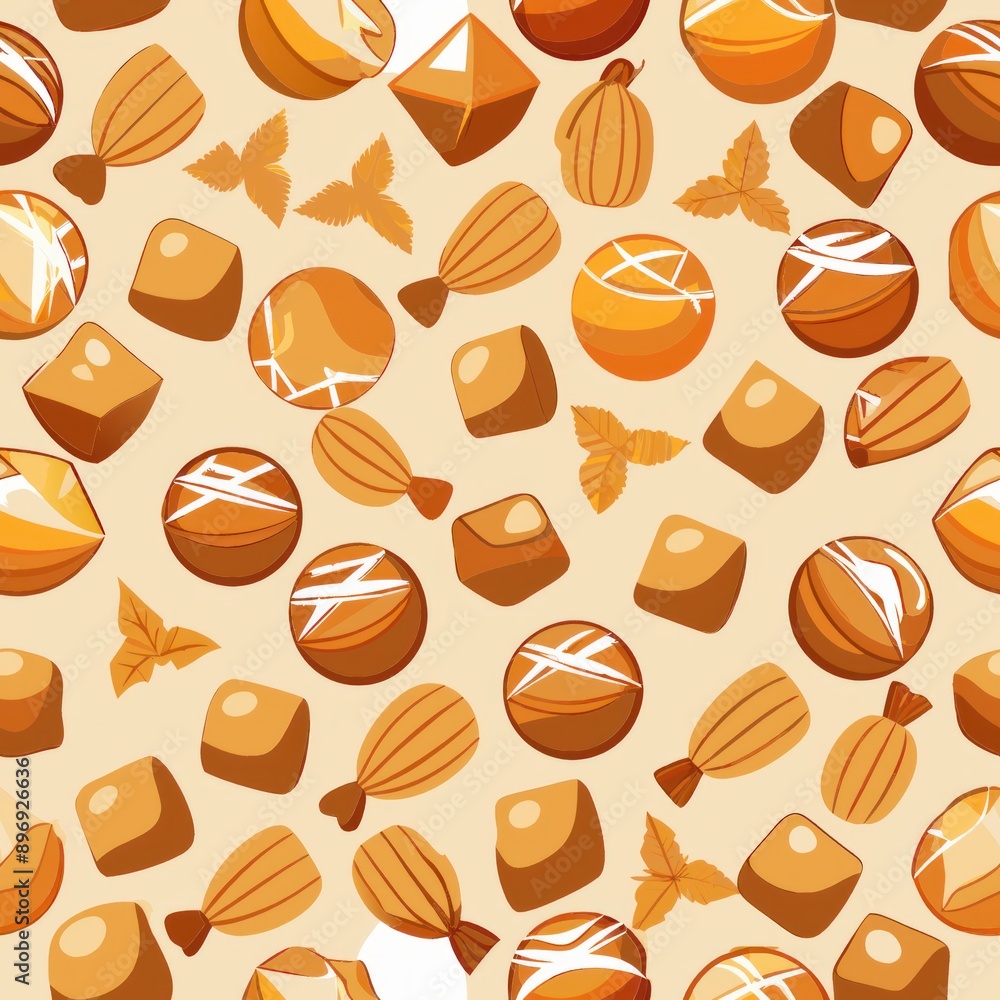 Seamless pattern of caramel candies and toffees, Generative AI Seamless pattern of caramel candies and toffees, Generative AI