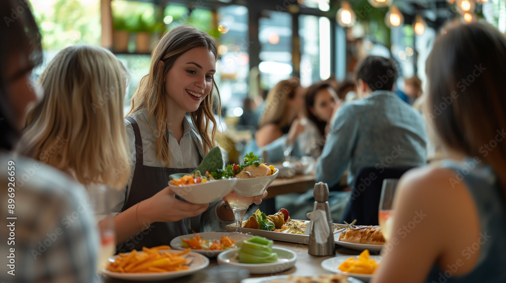 Smiling Waitress Serving Fresh Salad to Customers in a Restaurant Smiling Waitress Serving Fresh Salad to Customers in a Restaurant