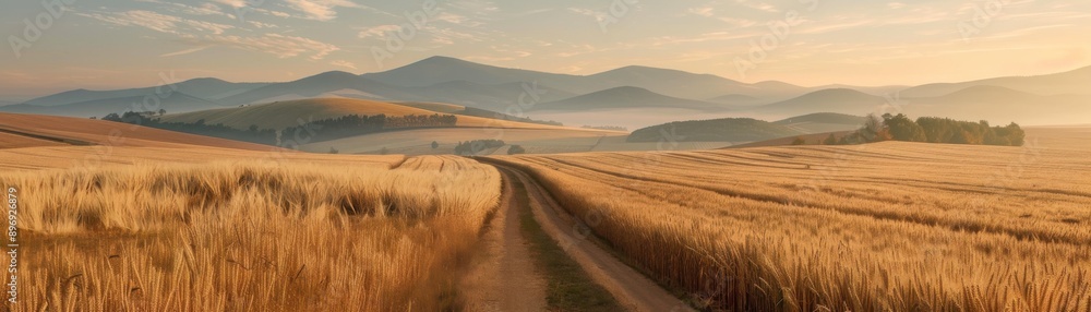 Golden Wheat Field At Sunrise With Rolling Hills. Golden Wheat Field At Sunrise With Rolling Hills.
