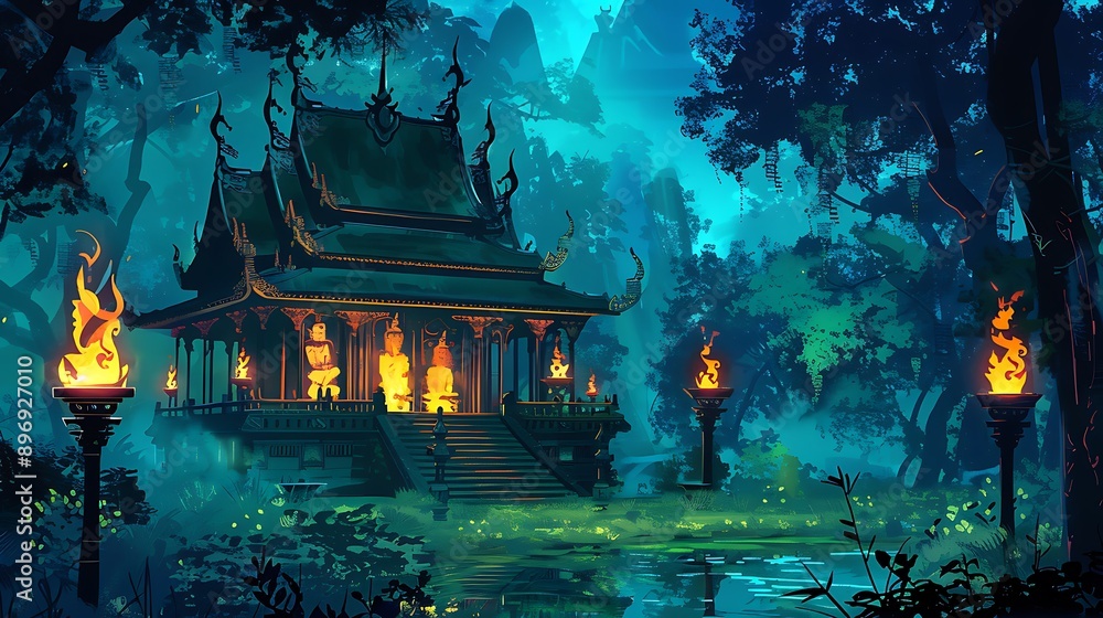 A Mystical Temple in a Lush, Glowing Forest A Mystical Temple in a Lush, Glowing Forest