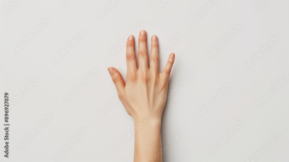 A closeup view of a hand with spread fingers against a white background. A closeup view of a hand with spread fingers against a white background.