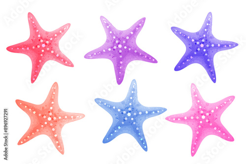 Set of multi-colored colorful starfish. Vector set of illustrations of sea animals in watercolor style isolated