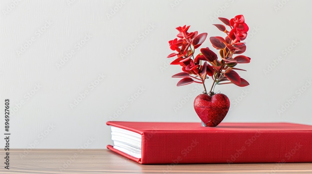 Fototapeta premium Red heart plant decoration on red book with white background and space for text