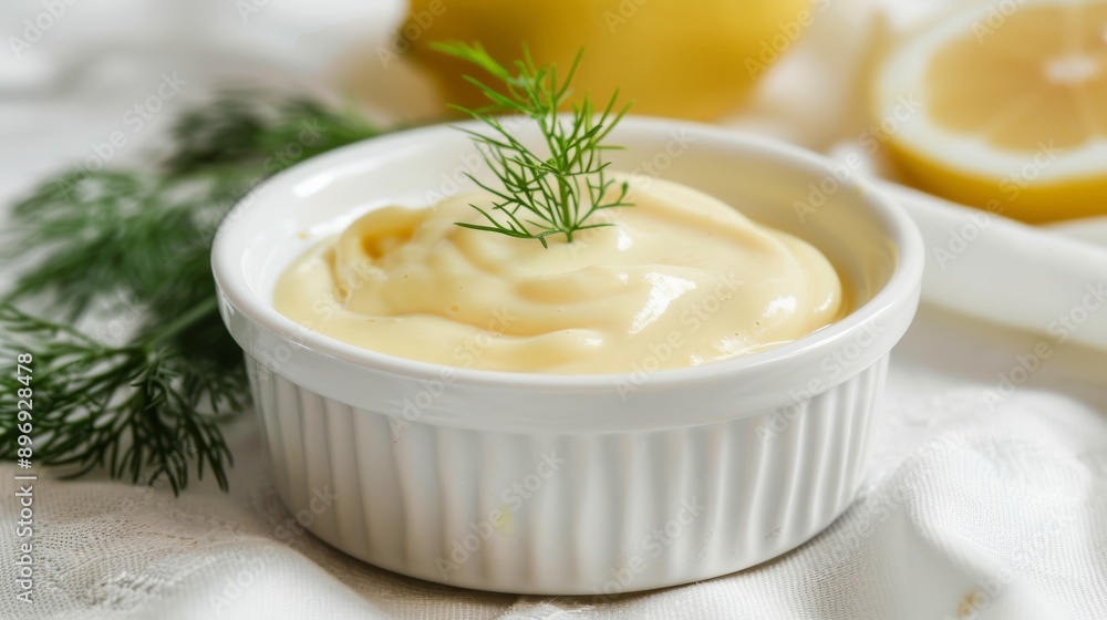 Delicious Hollandaise Sauce in White Ramekin with Fresh Dill Garnish, Perfect for Gourmet Dishes and Culinary Presentations Delicious Hollandaise Sauce in White Ramekin with Fresh Dill Garnish, Perfect for Gourmet Dishes and Culinary Presentations