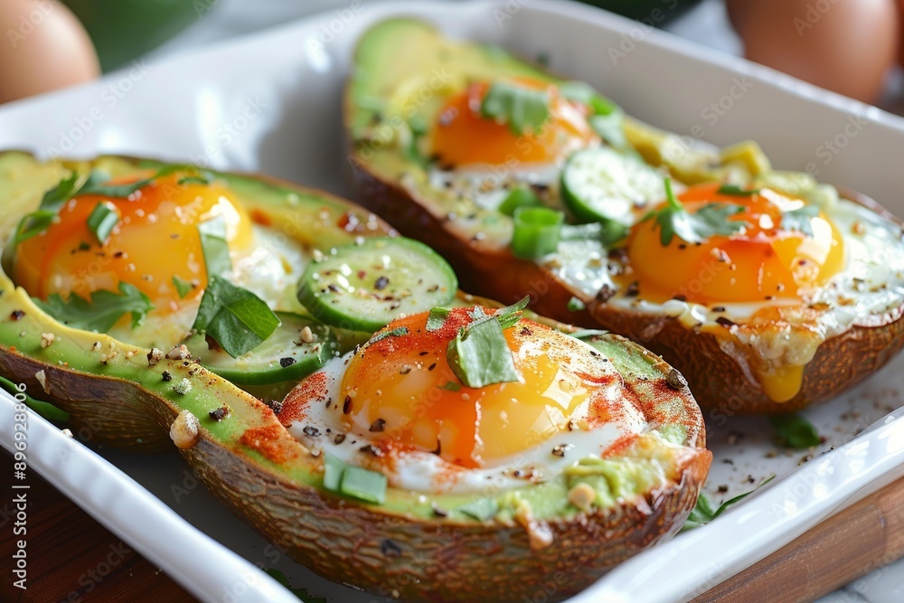 Delicious avocado egg boats garnished with green onions and spices, served on a white dish Delicious avocado egg boats garnished with green onions and spices, served on a white dish
