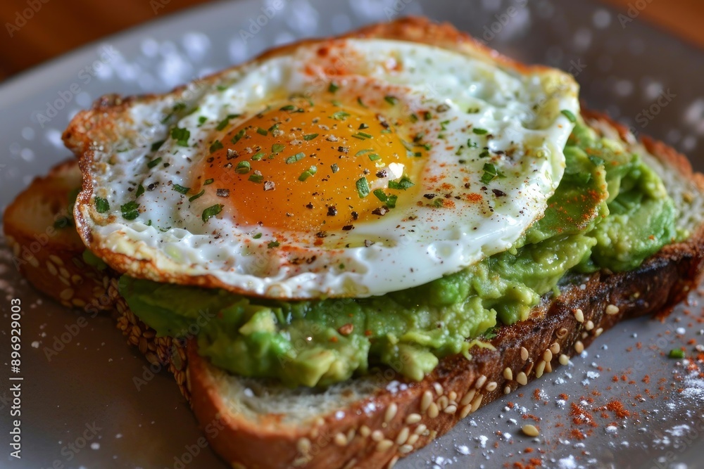 Closeup of avocado toast topped with a perfectly cooked sunny side up egg and seasoning Closeup of avocado toast topped with a perfectly cooked sunny side up egg and seasoning