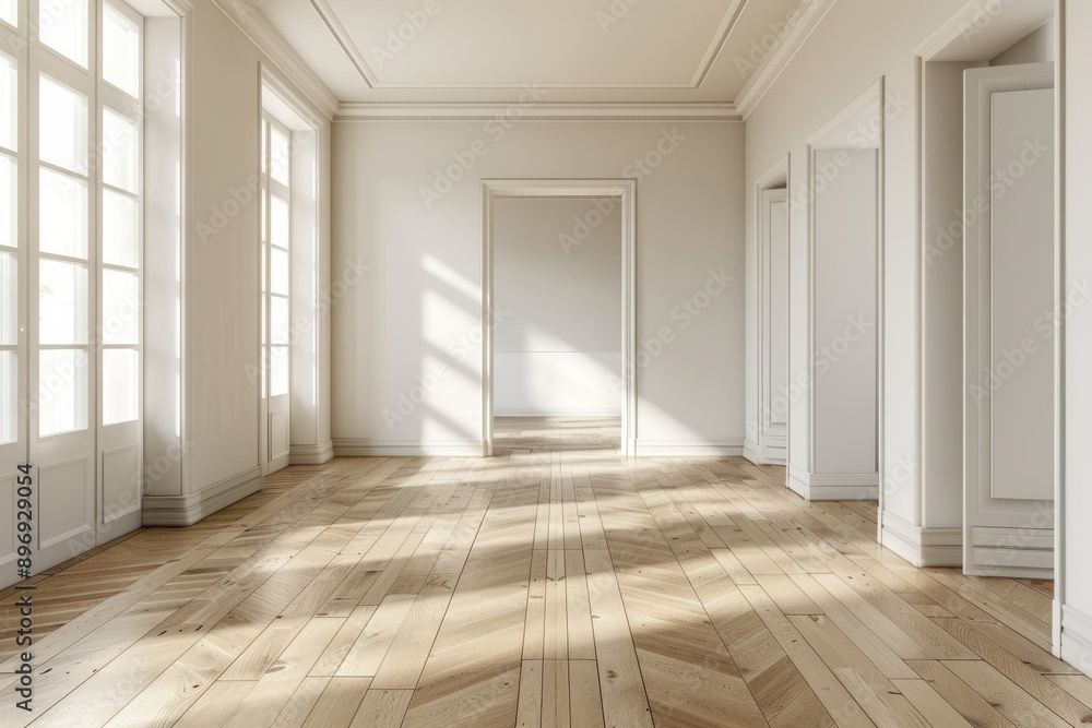 Empty room with white walls, wooden floor and white doors. Empty room with white walls, wooden floor and white doors.