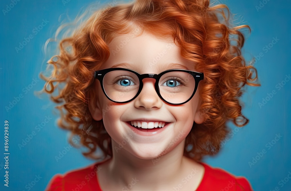 Obraz premium Portrait of a red-haired pretty young girl in round glasses blue background. Female face. Watercolor illustration.