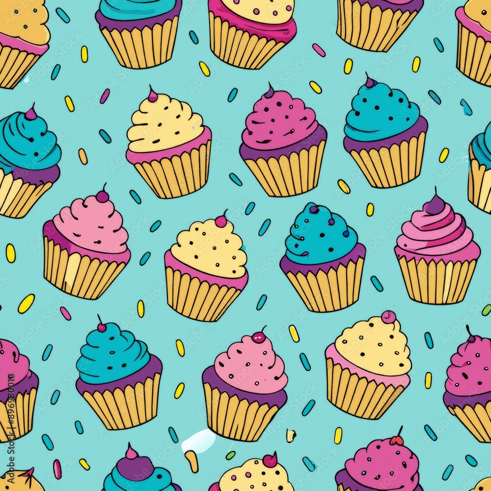 Seamless pattern of cupcakes with sprinkles, Generative AI Seamless pattern of cupcakes with sprinkles, Generative AI