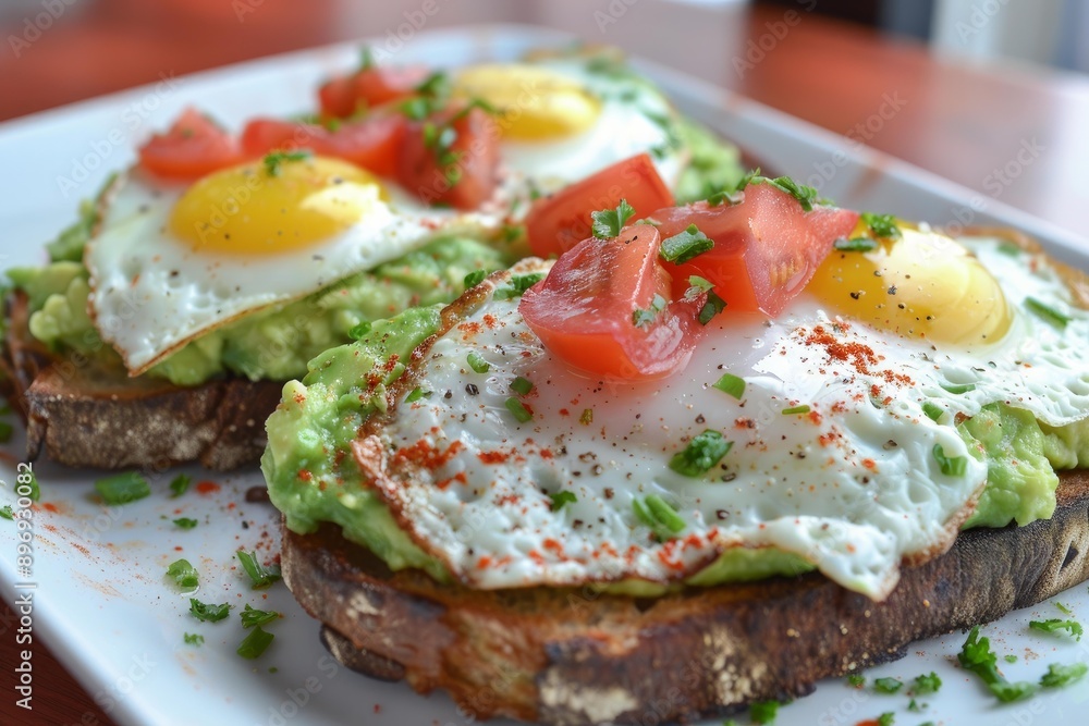 Fresh avocado toast topped with sunny side up eggs, diced tomatoes, and herbs on a white plate Fresh avocado toast topped with sunny side up eggs, diced tomatoes, and herbs on a white plate