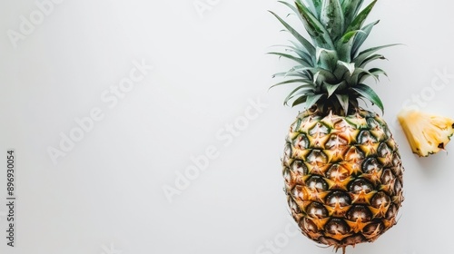 Whole pineapple on white background from above with space for text