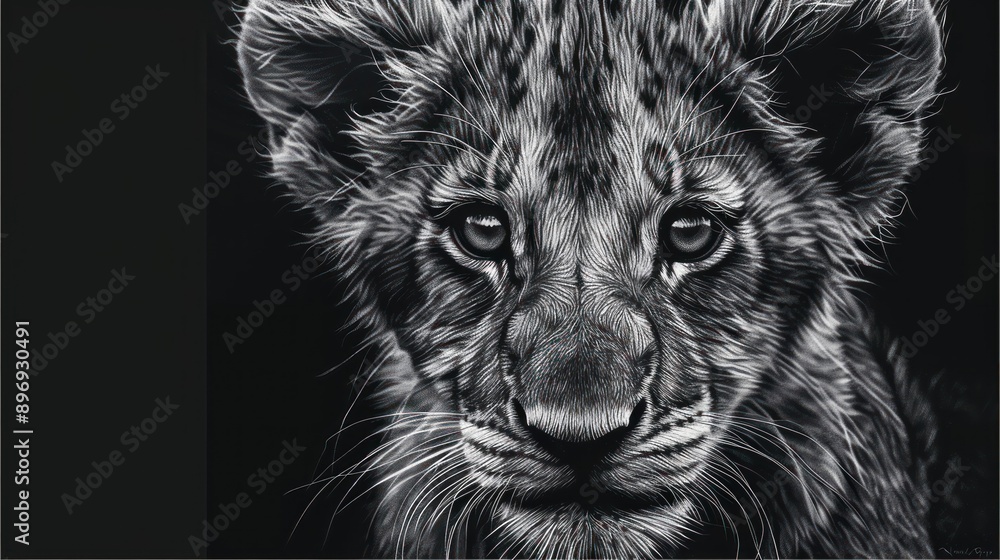 Obraz premium Intricate Black and White Lion Cub Portrait