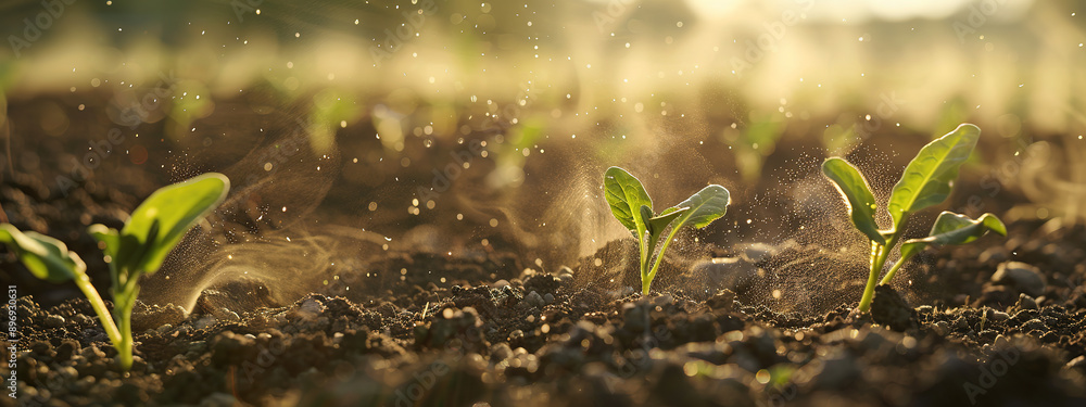 Close-Up of Young Seedlings Sprouting from Soil with Sunlight Casting Long Shadows. Dust Swirling in the Air and Blurred Background Emphasizing New Life. Close-Up of Young Seedlings Sprouting from Soil with Sunlight Casting Long Shadows. Dust Swirling in the Air and Blurred Background Emphasizing New Life.