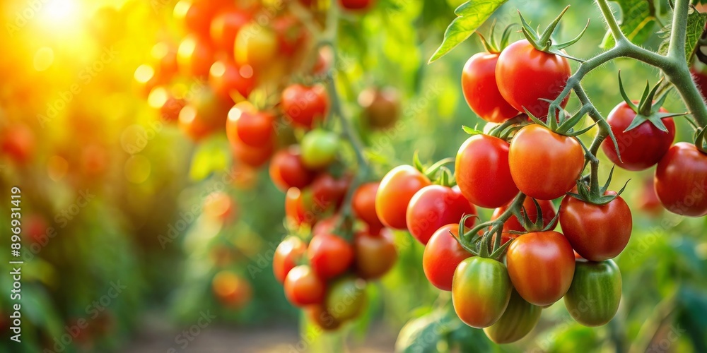 Fresh tomatoes growing on a vine , agriculture, farm, organic, red, ripe, harvest, leaves, plant, healthy, garden, vegetables Fresh tomatoes growing on a vine , agriculture, farm, organic, red, ripe, harvest, leaves, plant, healthy, garden, vegetables
